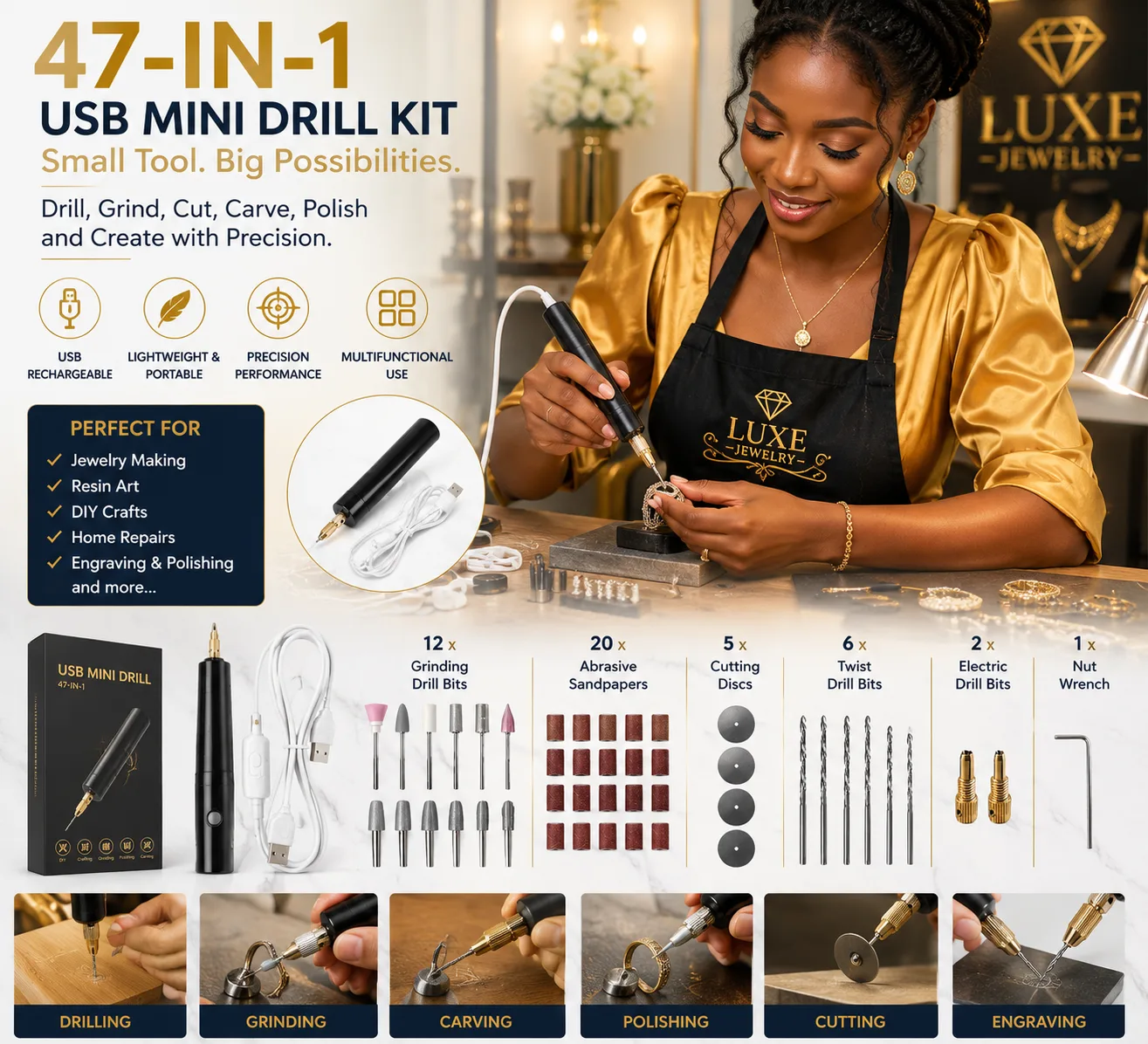 47-in-1 multifunctional tool kit with accessories for drilling, grinding, carving, polishing, and cutting.