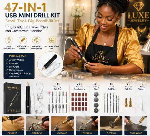 47-in-1 multifunctional tool kit with accessories for drilling, grinding, carving, polishing, and cutting.
